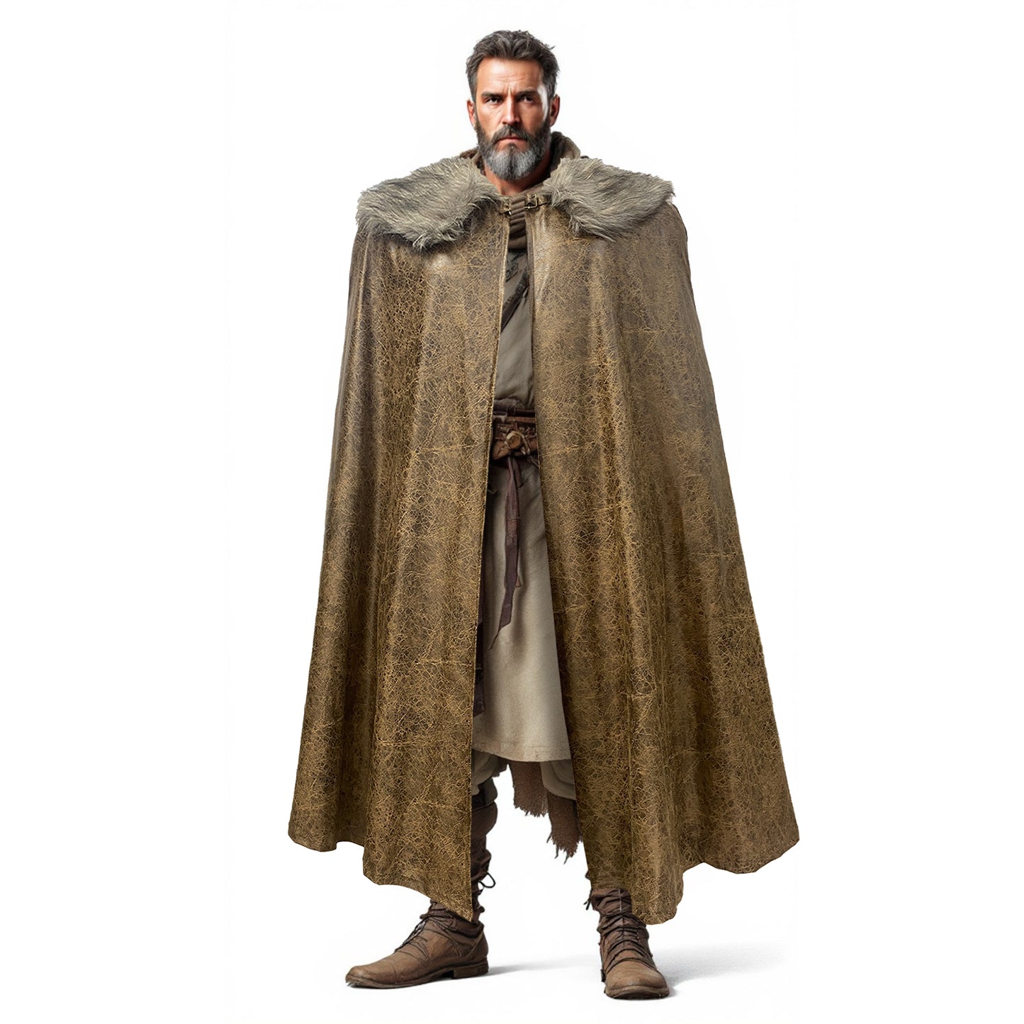 HiiFeuer Medieval Barbarian Cloak with Artificial Fur Shawl, Wrap Collar Viking Warrior Cape, Renaissance Role Play Costume
