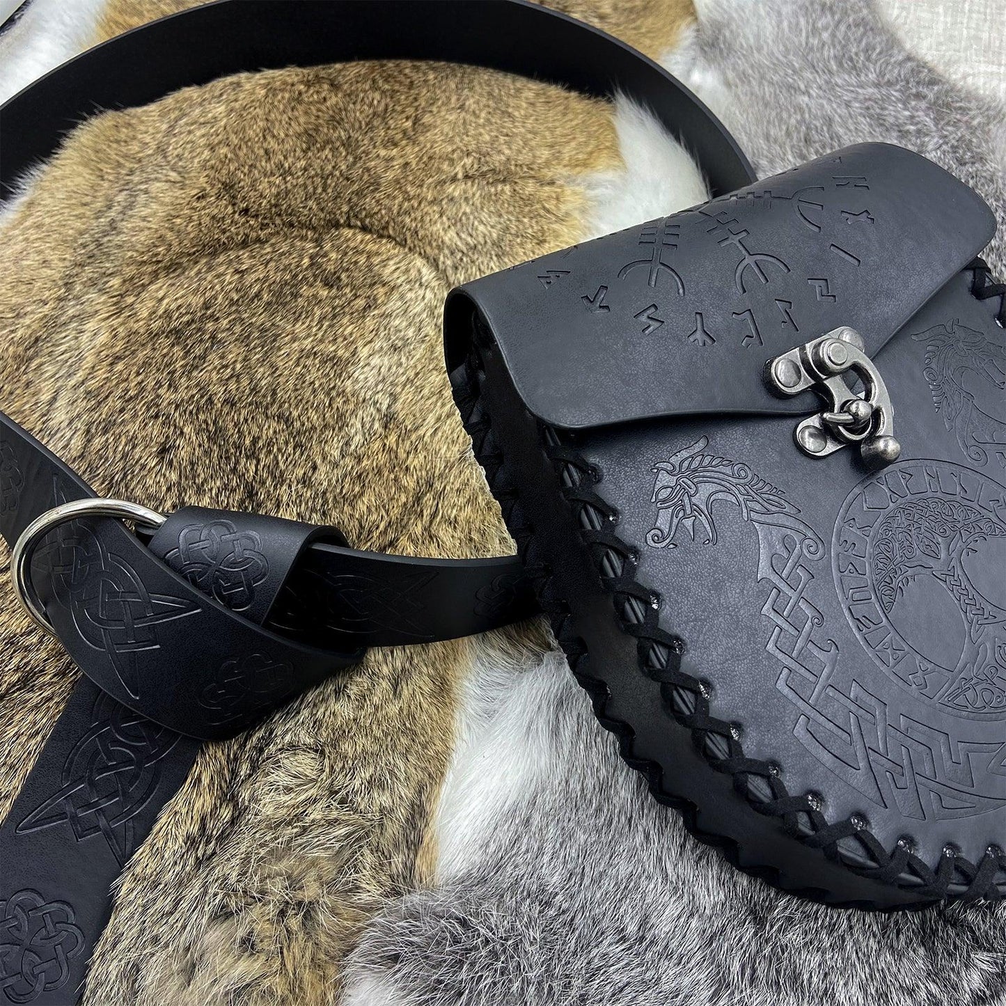 HiiFeuer Medieval Embossed O Ring Belt with Nordic Embossed Belt Bag, Vintage Faux Leather Belt and Belt Pouch Set for LARP