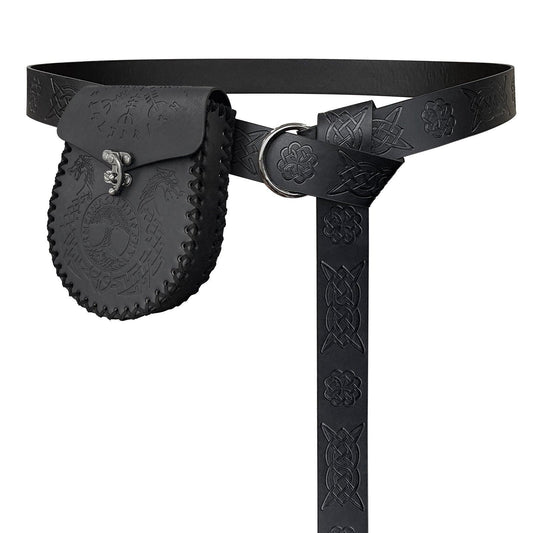 Black medieval leather belt with embossed Celtic patterns and attached pouch, cosplay accessory