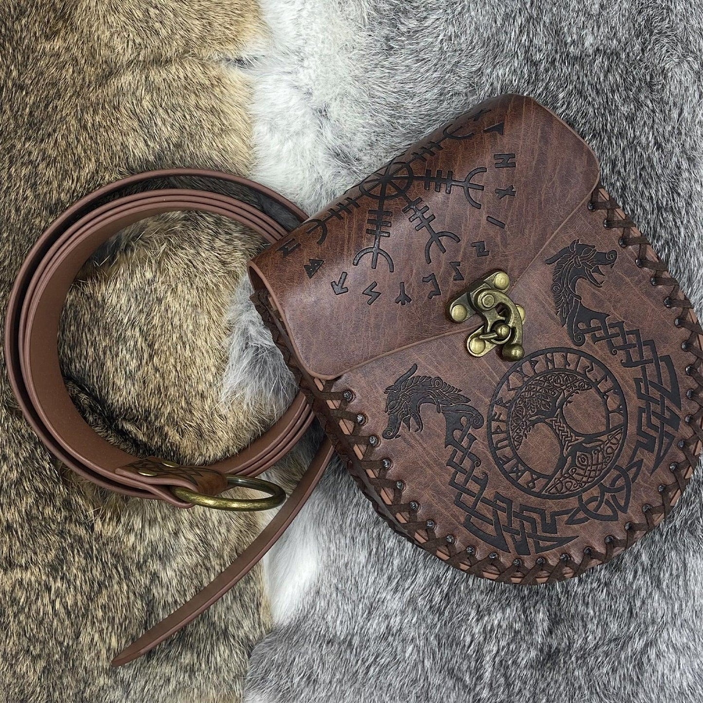 HiiFeuer Medieval Embossed O Ring Belt with Nordic Embossed Belt Bag, Vintage Faux Leather Belt and Belt Pouch Set for LARP