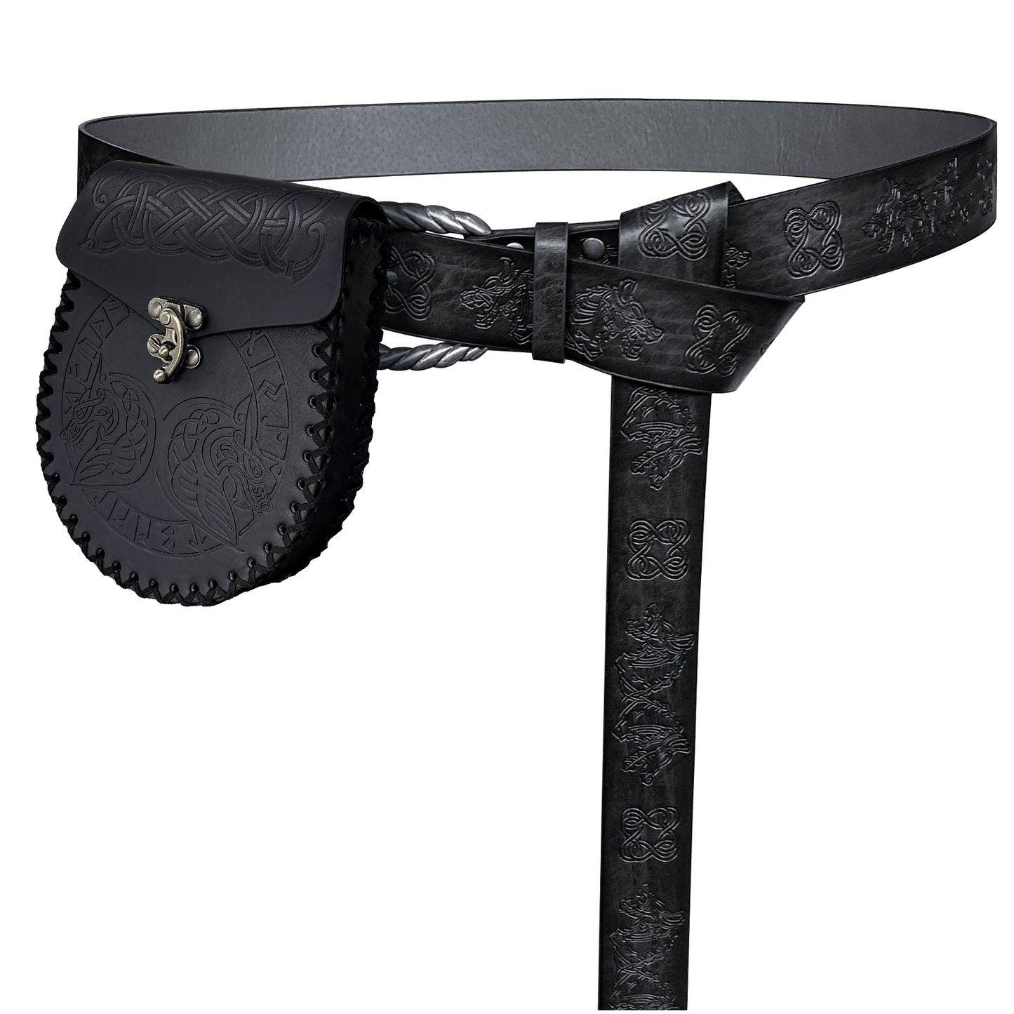 HiiFeuer Medieval Embossed O Ring Belt with Nordic Embossed Belt Bag, Vintage Faux Leather Belt and Belt Pouch Set for LARP
