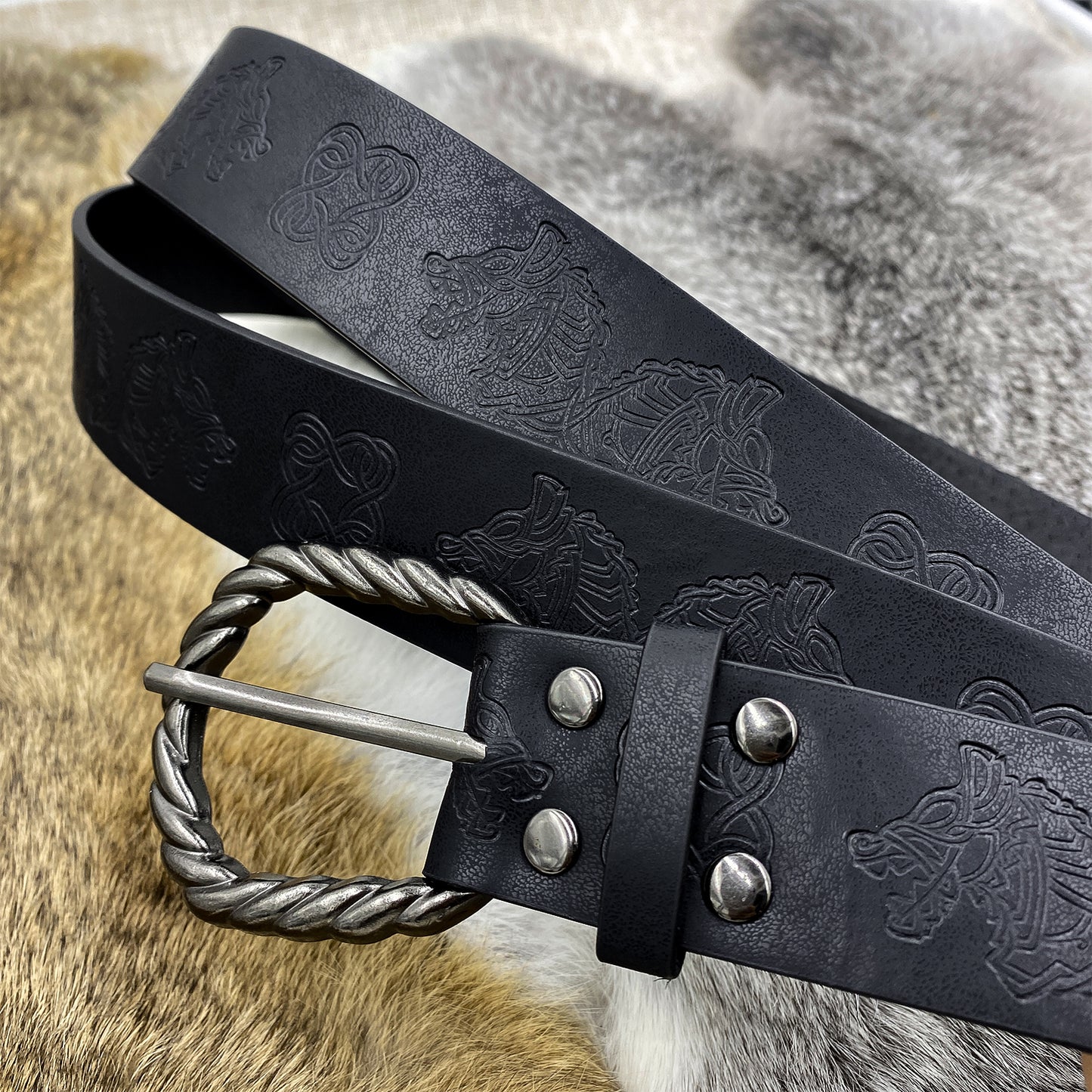 HiiFeuer Medieval Embossed O Ring Belt with Nordic Embossed Belt Bag, Vintage Faux Leather Belt and Belt Pouch Set for LARP