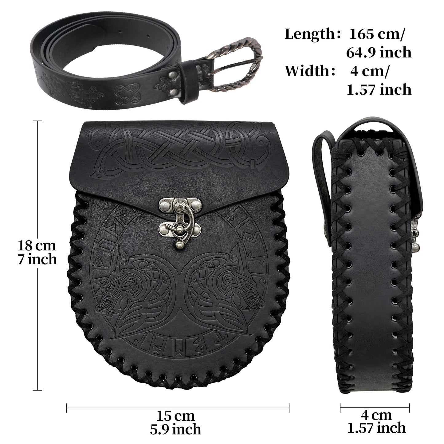 HiiFeuer Medieval Embossed O Ring Belt with Nordic Embossed Belt Bag, Vintage Faux Leather Belt and Belt Pouch Set for LARP