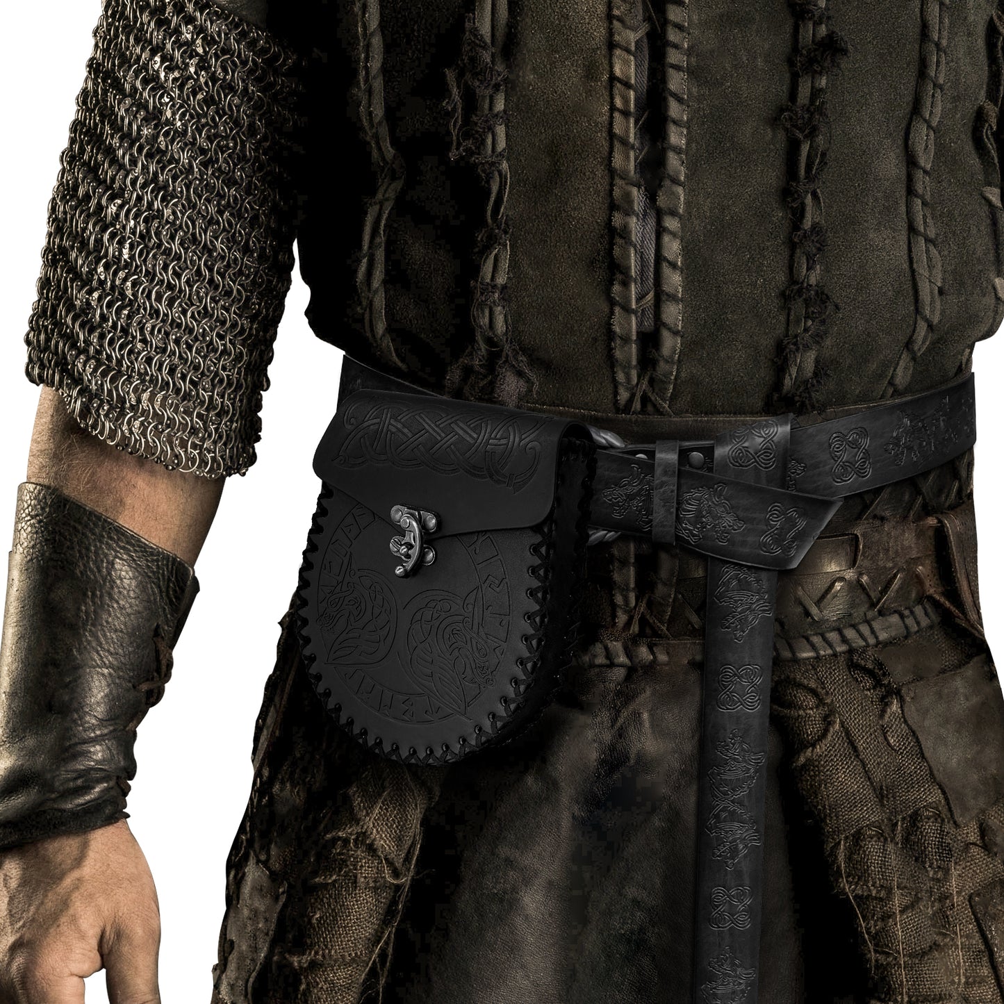 HiiFeuer Medieval Embossed O Ring Belt with Nordic Embossed Belt Bag, Vintage Faux Leather Belt and Belt Pouch Set for LARP