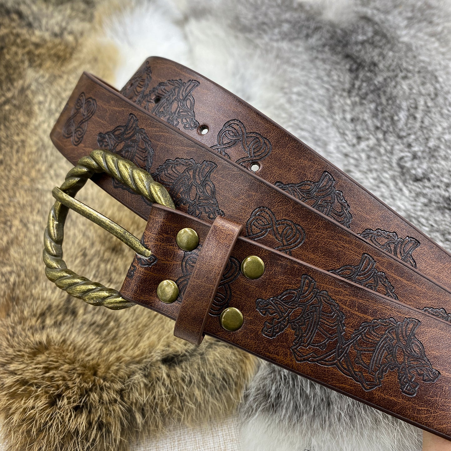 HiiFeuer Medieval Embossed O Ring Belt with Nordic Embossed Belt Bag, Vintage Faux Leather Belt and Belt Pouch Set for LARP