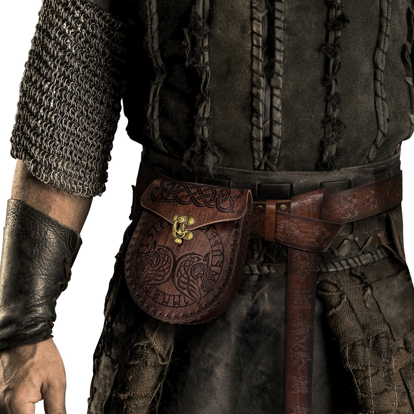 HiiFeuer Medieval Embossed O Ring Belt with Nordic Embossed Belt Bag, Vintage Faux Leather Belt and Belt Pouch Set for LARP