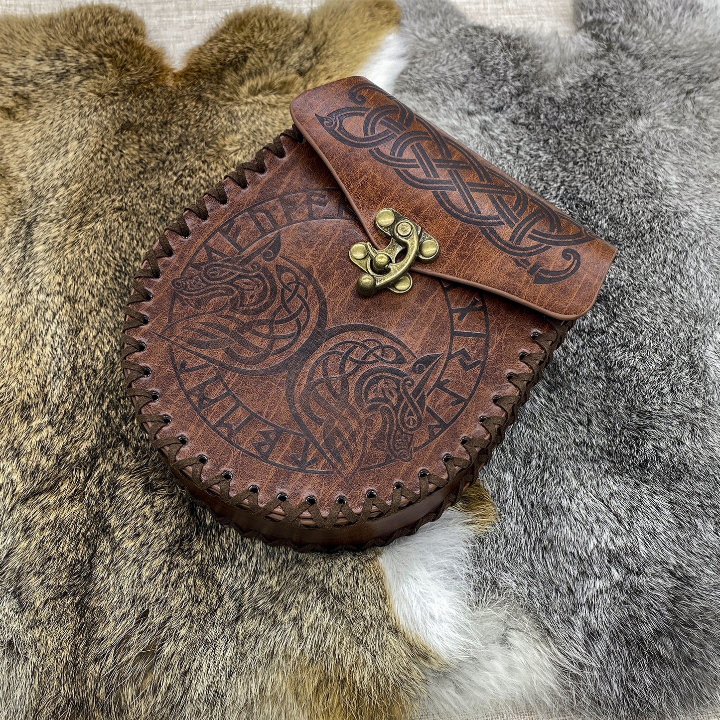 HiiFeuer Medieval Embossed O Ring Belt with Nordic Embossed Belt Bag, Vintage Faux Leather Belt and Belt Pouch Set for LARP