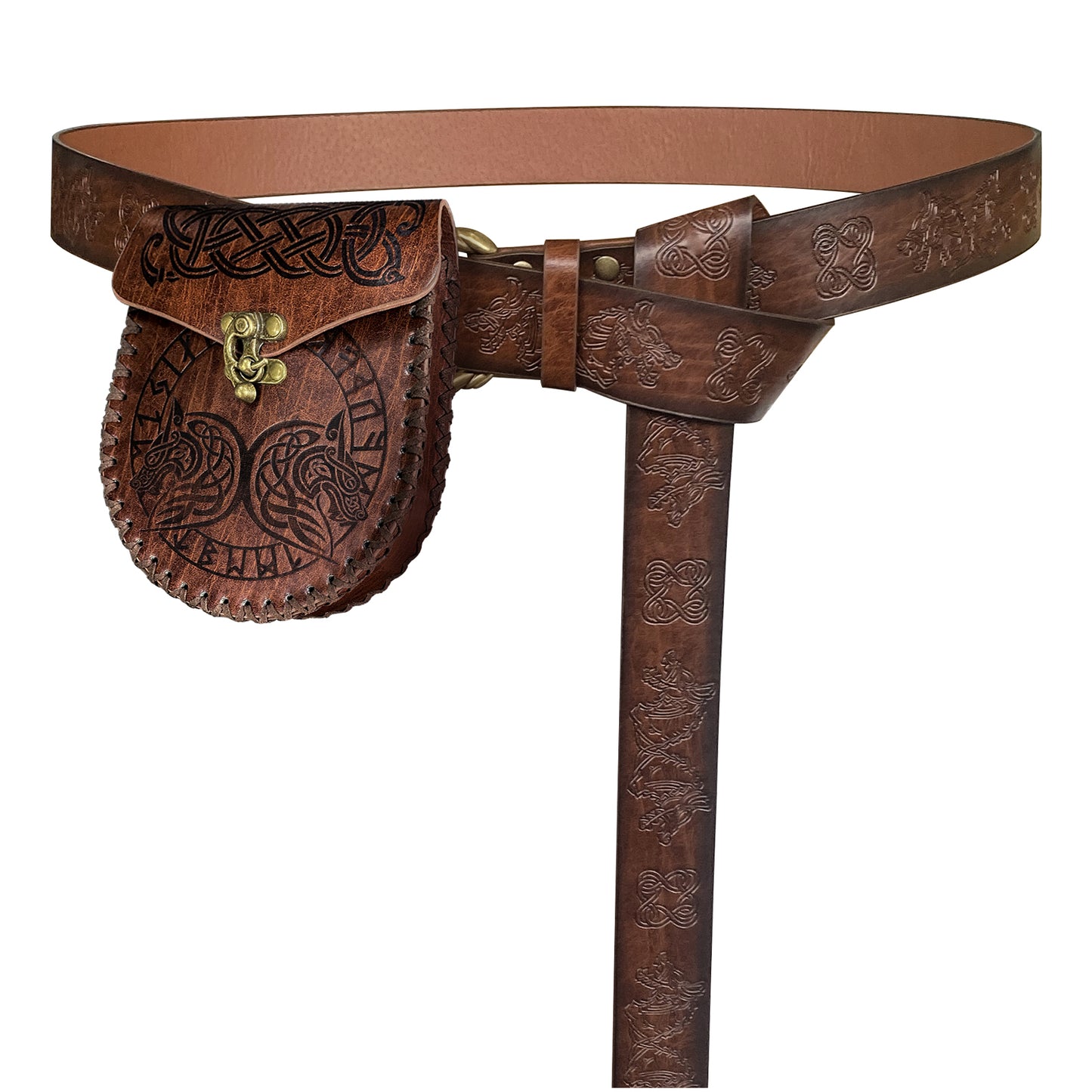 HiiFeuer Medieval Embossed O Ring Belt with Nordic Embossed Belt Bag, Vintage Faux Leather Belt and Belt Pouch Set for LARP