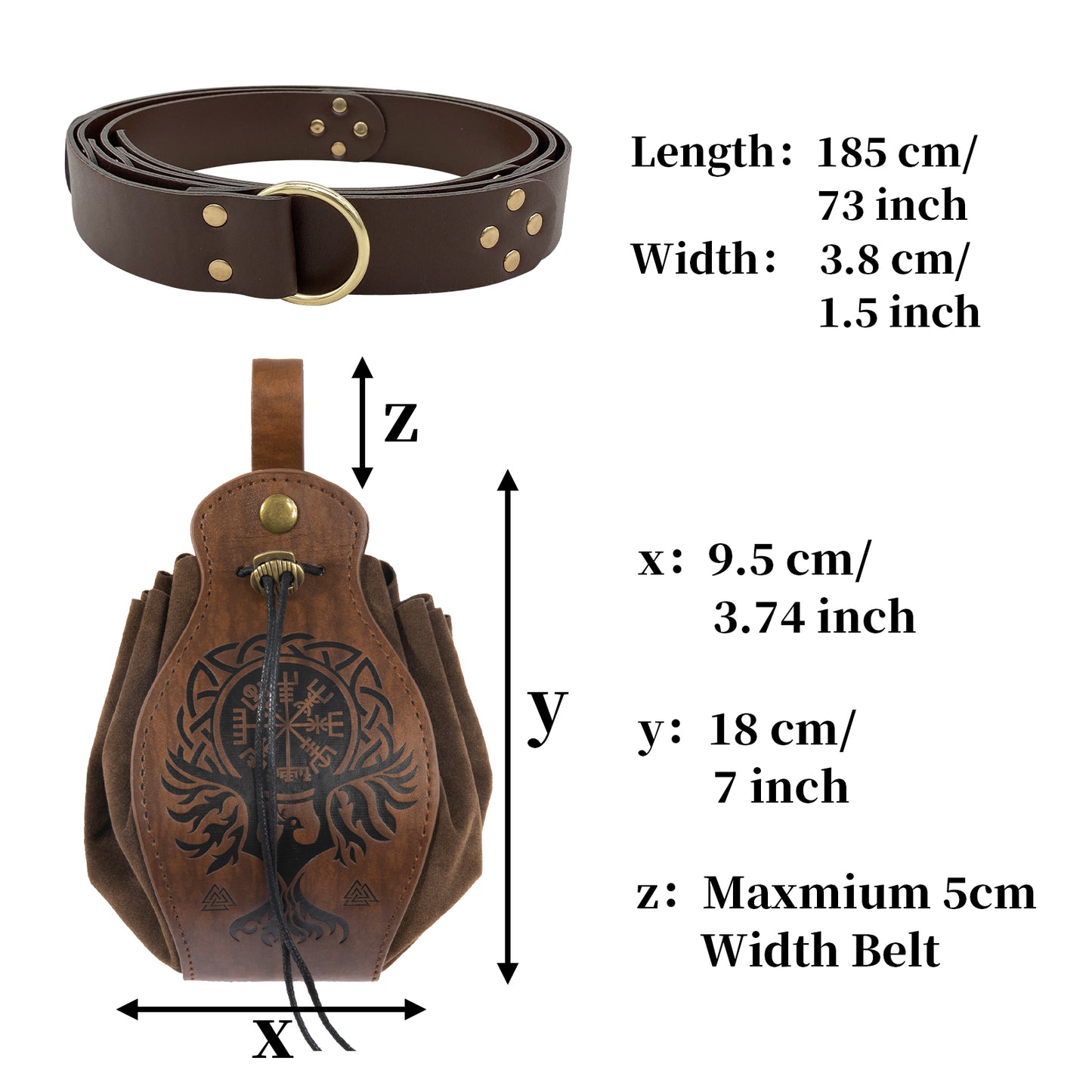 HiiFeuer Medieval O Ring Belt with Portable Drawstring Pouch, Retro Renaissance Faux Leather Belt and Purse Set for Ren Faire