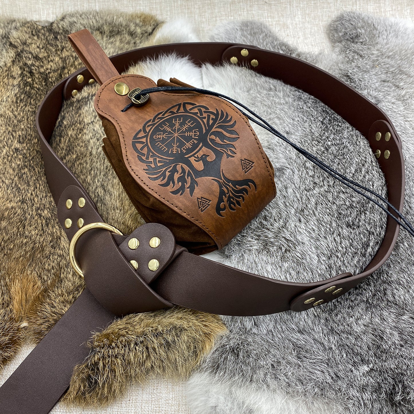 HiiFeuer Medieval O Ring Belt with Portable Drawstring Pouch, Retro Renaissance Faux Leather Belt and Purse Set for Ren Faire