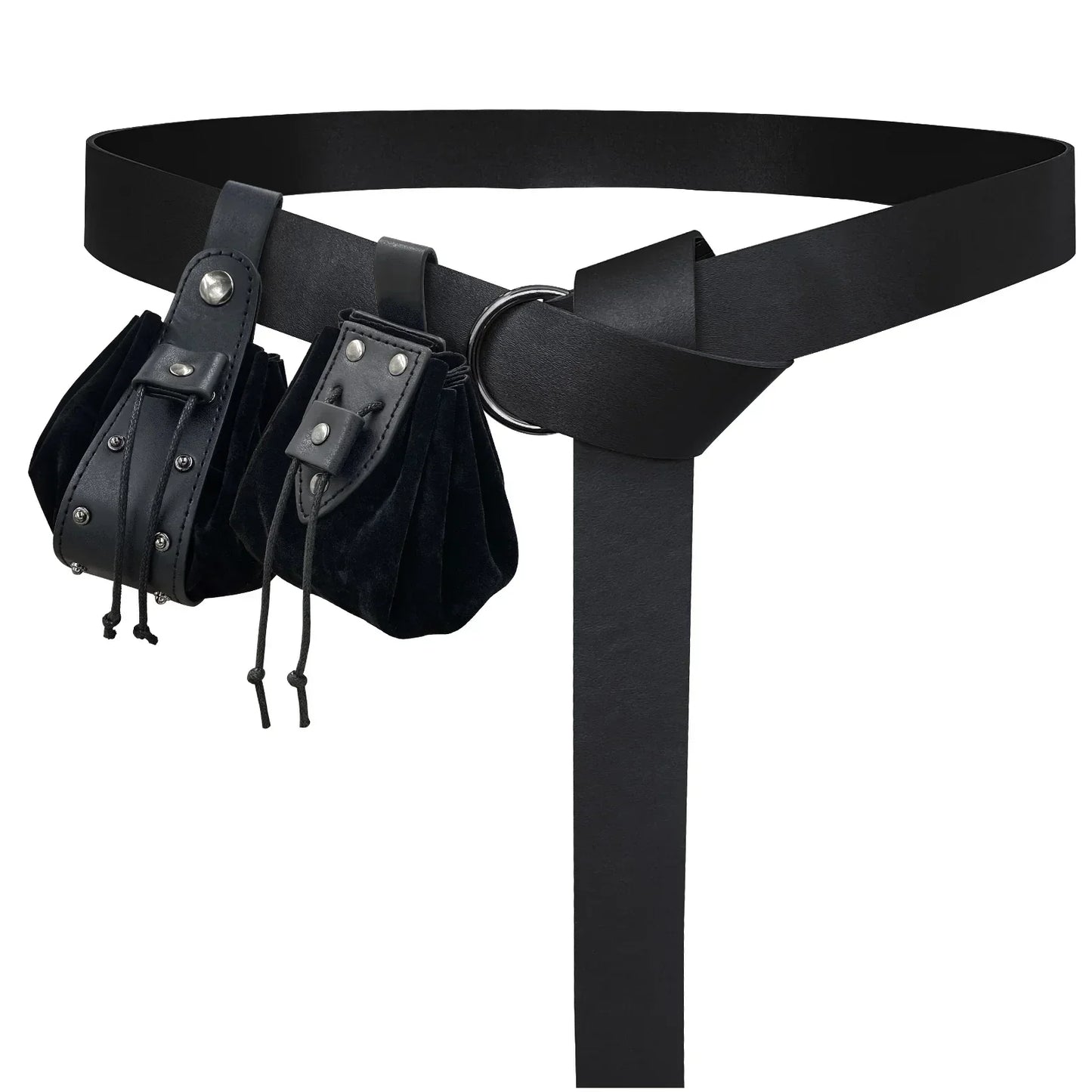 Black medieval belt with two leather pouches, ideal for cosplay or renaissance costumes