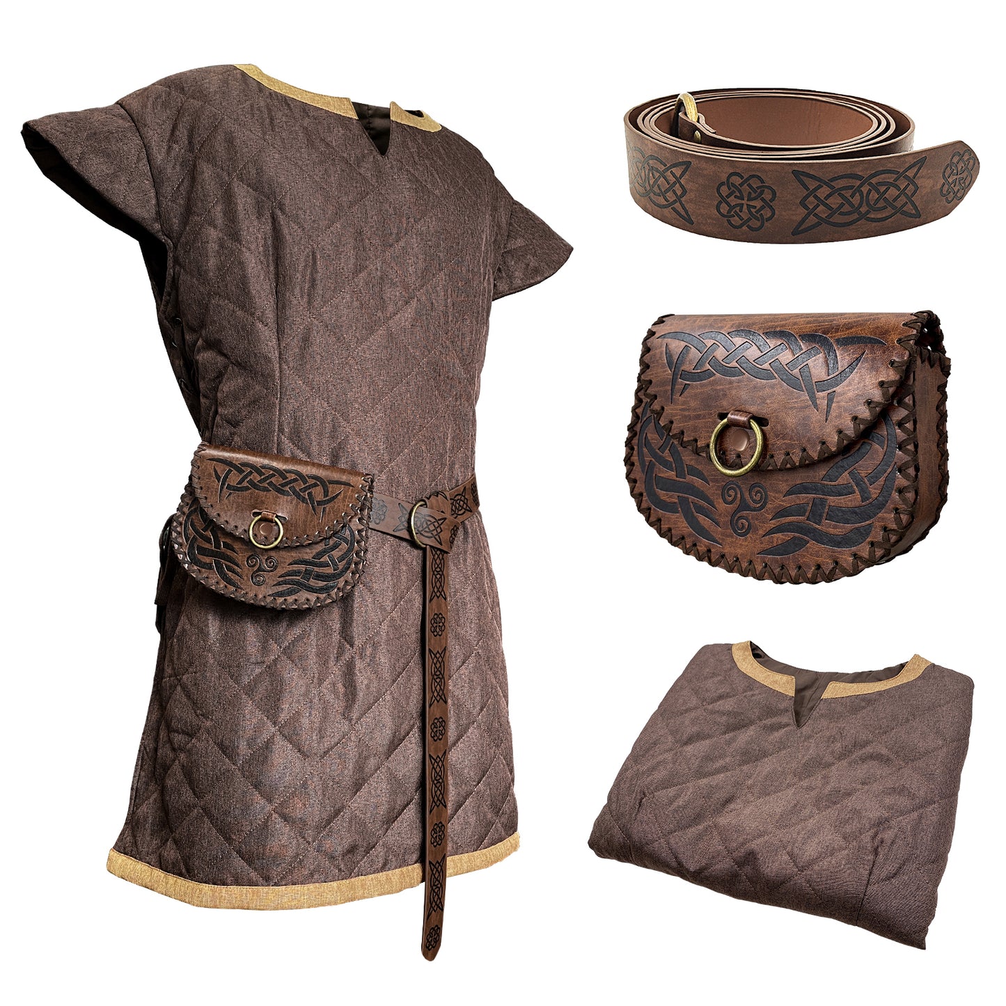 HiiFeuer Medieval Costume Tunic, With Vintage Belt and Bag, Mercenary Knight Body Cloth Armor, Renaissance LARP Cosplay Set