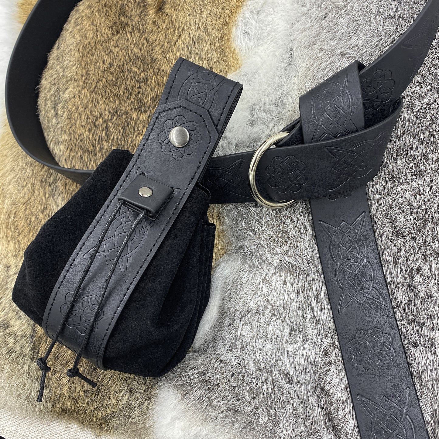 HiiFeuer Medieval O Ring Belt with Portable Drawstring Pouch, Retro Renaissance Faux Leather Belt and Purse Set for Ren Faire