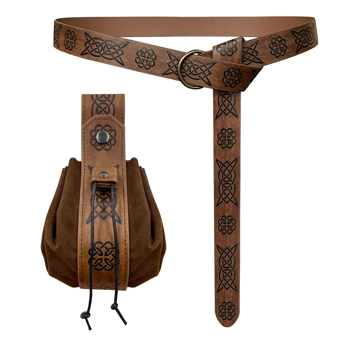HiiFeuer Medieval O Ring Belt with Portable Drawstring Pouch, Retro Renaissance Faux Leather Belt and Purse Set for Ren Faire