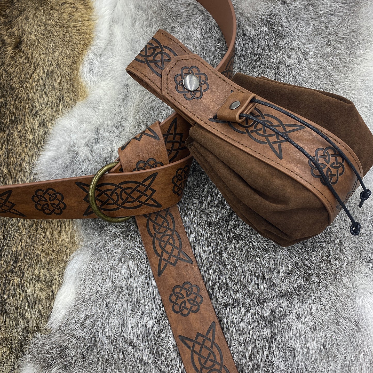HiiFeuer Medieval O Ring Belt with Portable Drawstring Pouch, Retro Renaissance Faux Leather Belt and Purse Set for Ren Faire