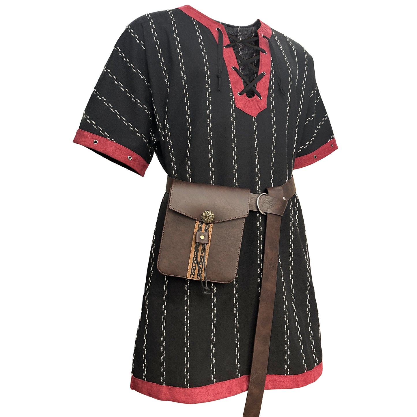 HiiFeuer Medieval Stripe Loose Tunic Top, with Vintage Belt and Bag, Renaissance Knight Lace Up Shirt, Viking Pirate Costume