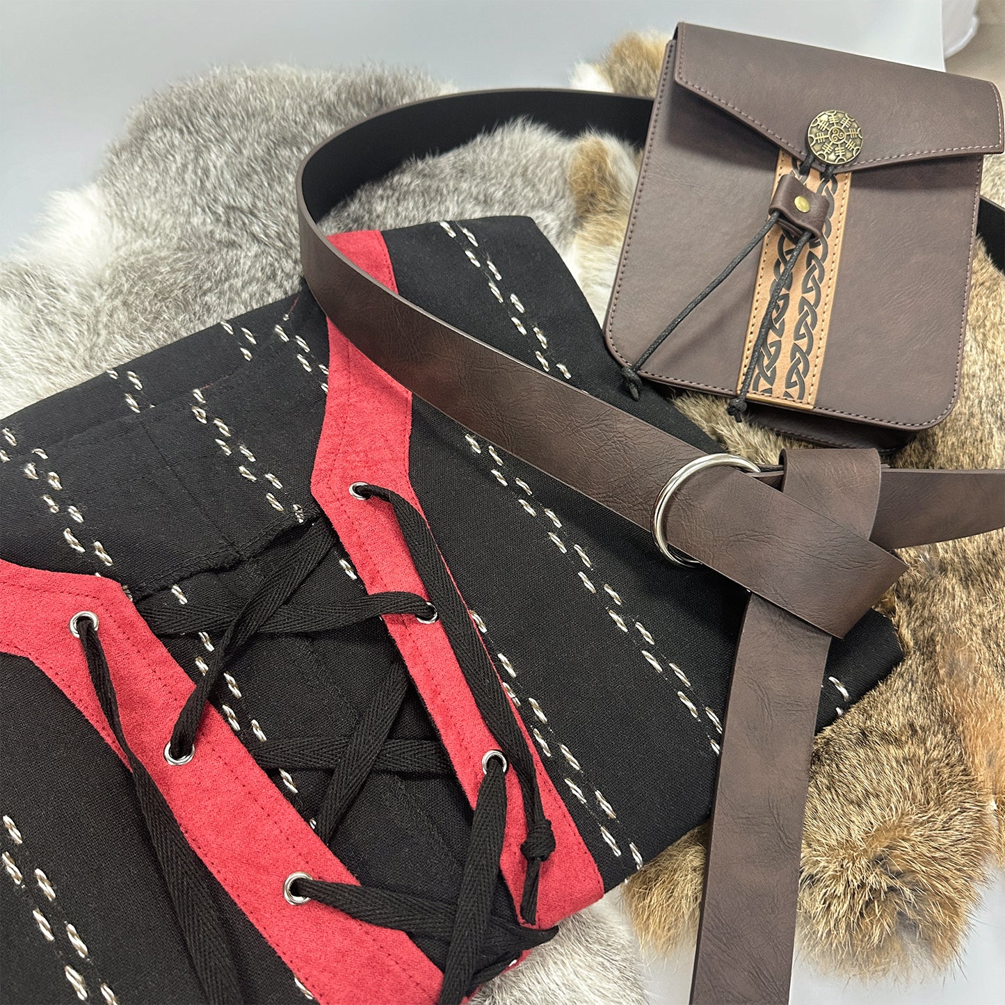 HiiFeuer Medieval Stripe Loose Tunic Top, with Vintage Belt and Bag, Renaissance Knight Lace Up Shirt, Viking Pirate Costume