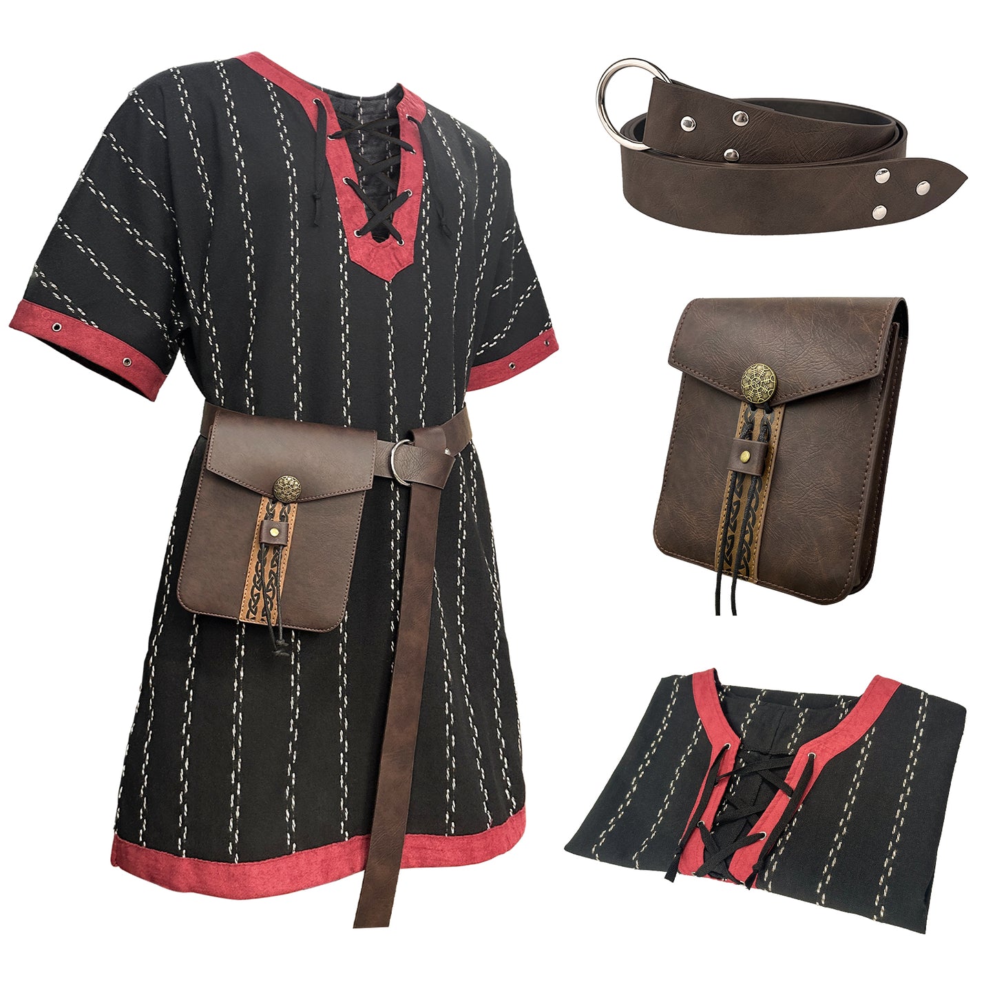 HiiFeuer Medieval Stripe Loose Tunic Top, with Vintage Belt and Bag, Renaissance Knight Lace Up Shirt, Viking Pirate Costume