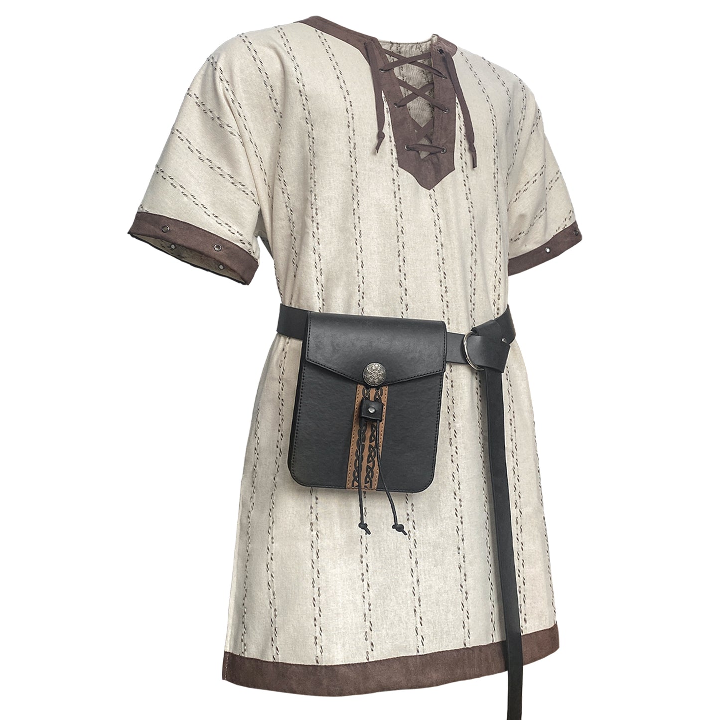 HiiFeuer Medieval Stripe Loose Tunic Top, with Vintage Belt and Bag, Renaissance Knight Lace Up Shirt, Viking Pirate Costume