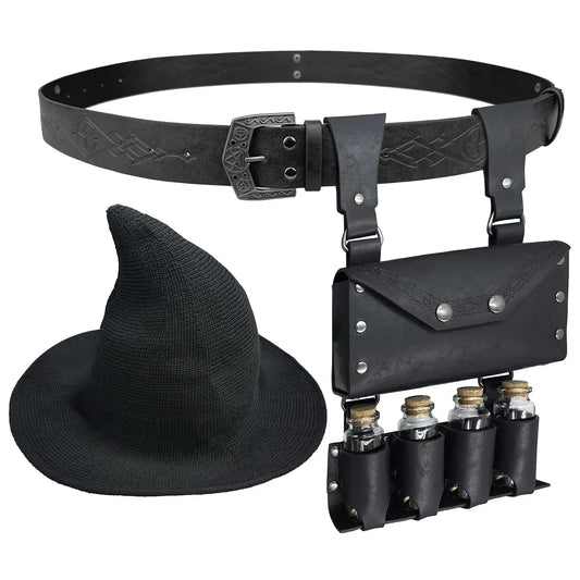 Medieval cosplay set with black pointed witch hat, embossed leather belt, potion vials and pouch.