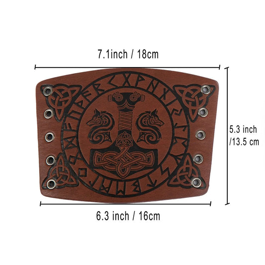 Brown Viking leather bracer with Norse runes, Mjolnir, wolf design, and metal eyelets, 18x16cm