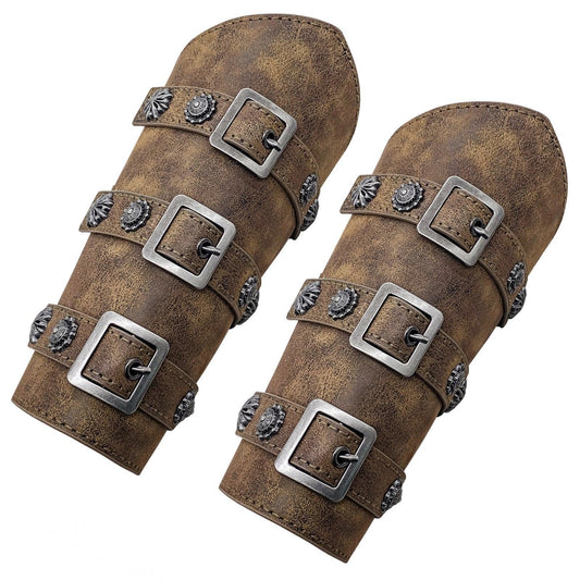 Pair of medieval brown leather bracers with metal buckles and decorative studs