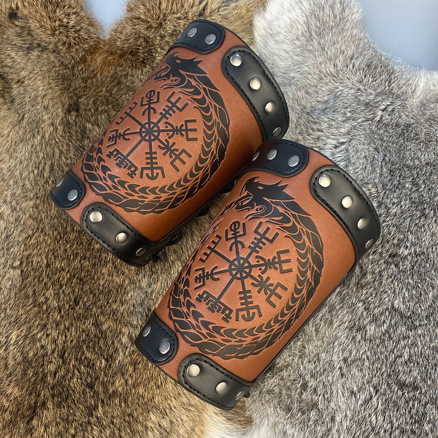 HiiFeuer Embossed Viking Symble Faux Leather Arm Armor, Viking Gauntlet Bracers, Knight Arm Guards for LARP Ren Faire