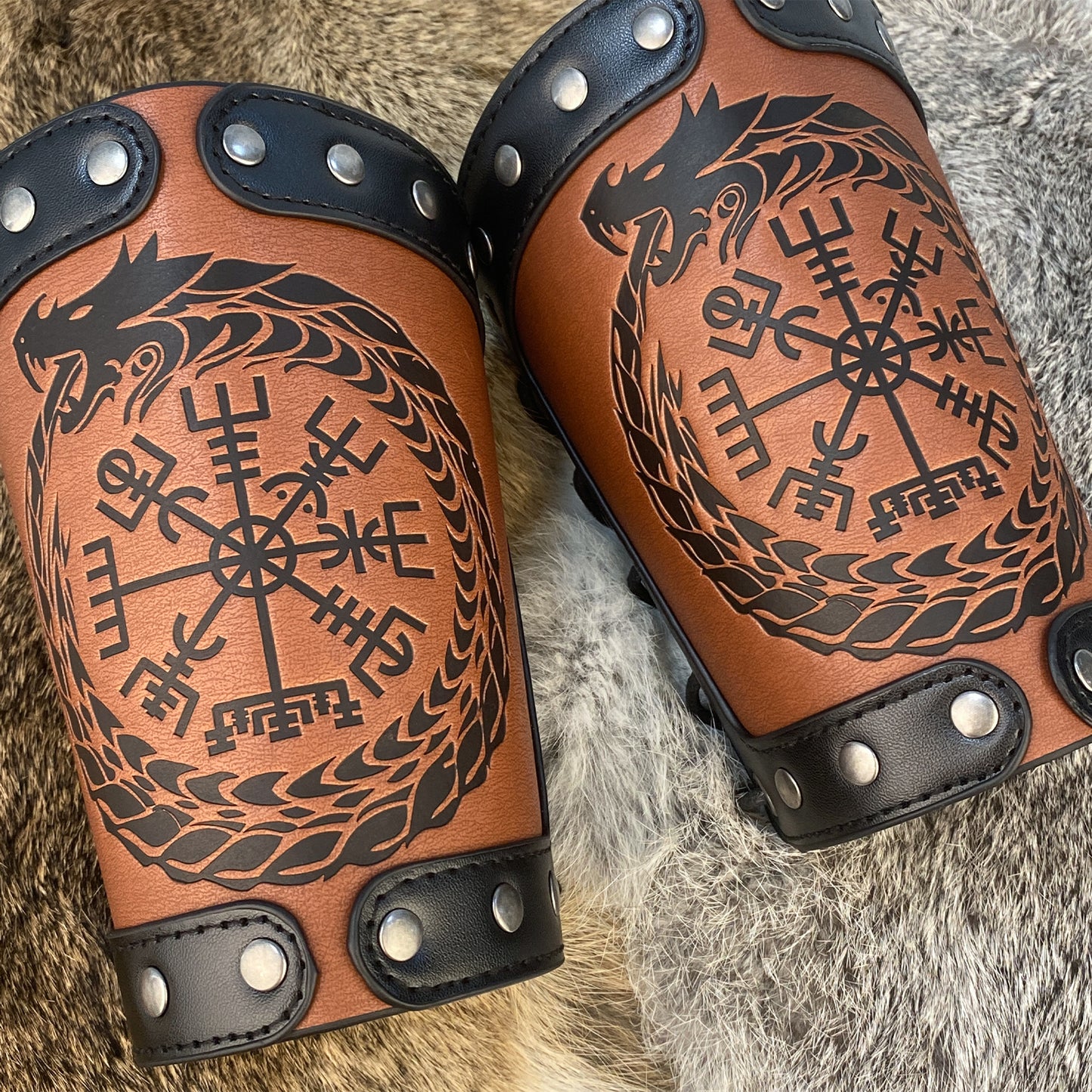 HiiFeuer Embossed Viking Symble Faux Leather Arm Armor, Viking Gauntlet Bracers, Knight Arm Guards for LARP Ren Faire