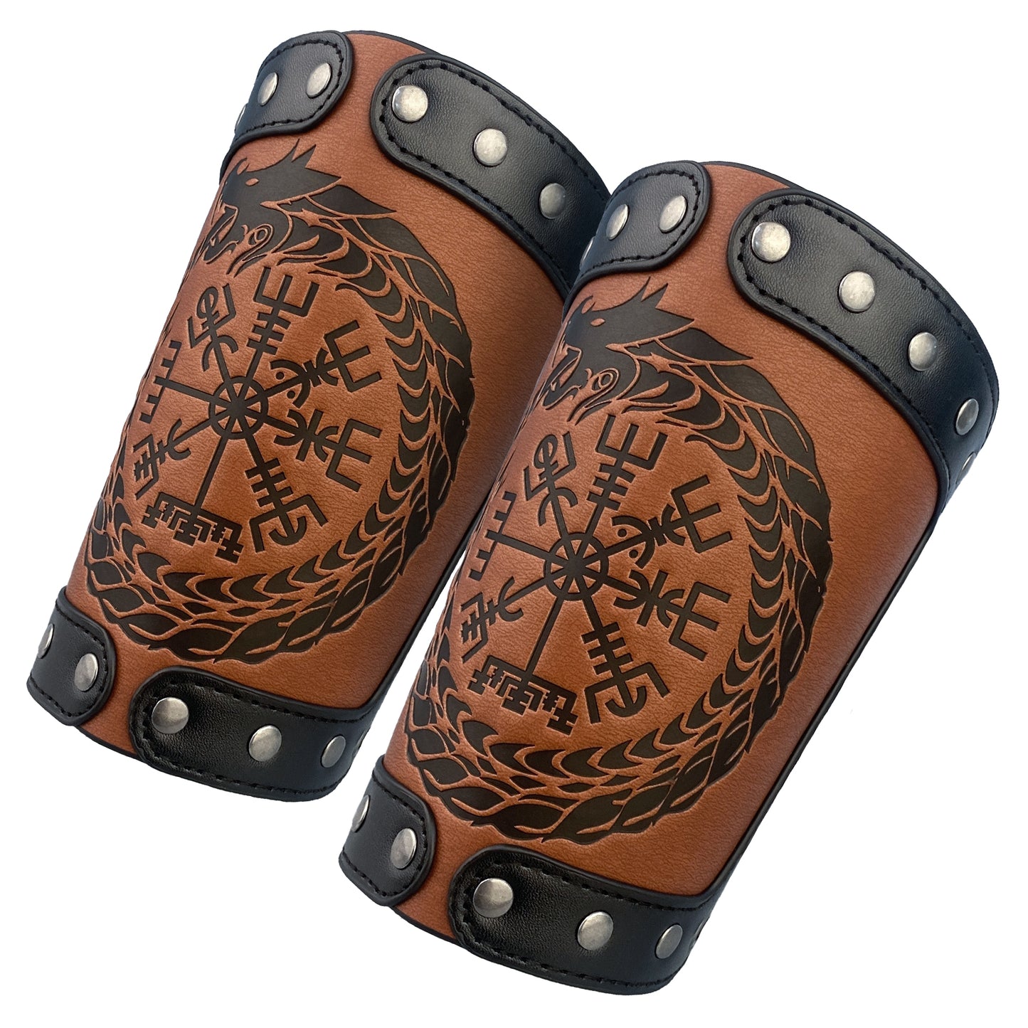 HiiFeuer Embossed Viking Symble Faux Leather Arm Armor, Viking Gauntlet Bracers, Knight Arm Guards for LARP Ren Faire