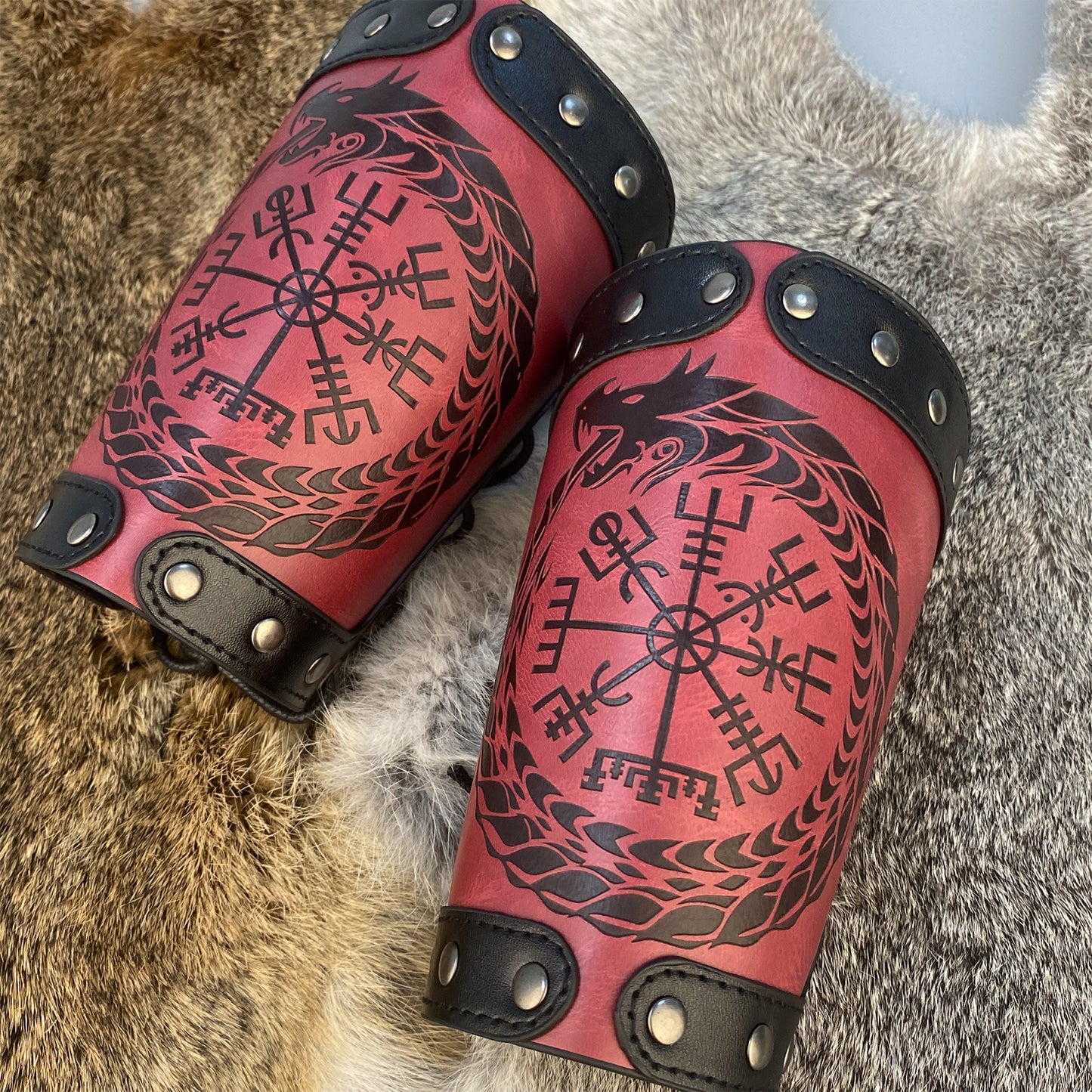 HiiFeuer Embossed Viking Symble Faux Leather Arm Armor, Viking Gauntlet Bracers, Knight Arm Guards for LARP Ren Faire