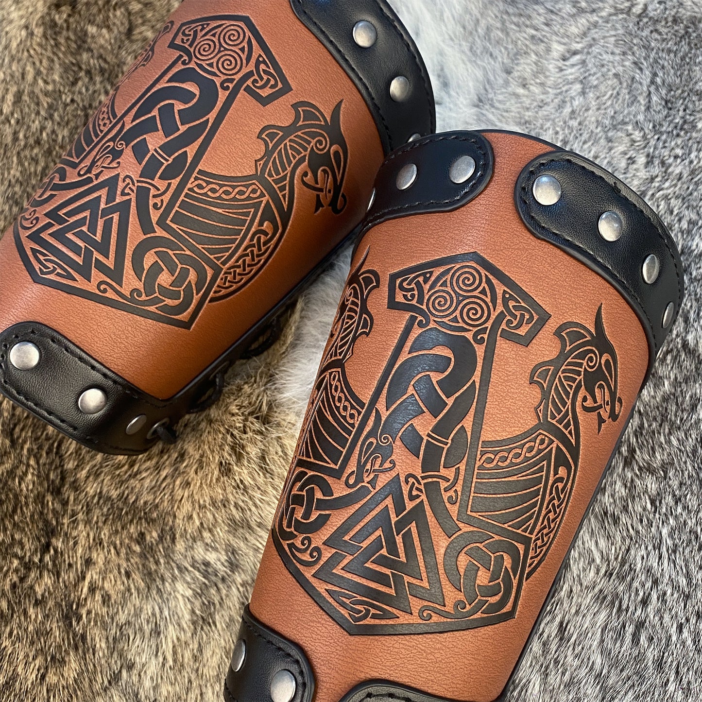 HiiFeuer Embossed Viking Symble Faux Leather Arm Armor, Viking Gauntlet Bracers, Knight Arm Guards for LARP Ren Faire