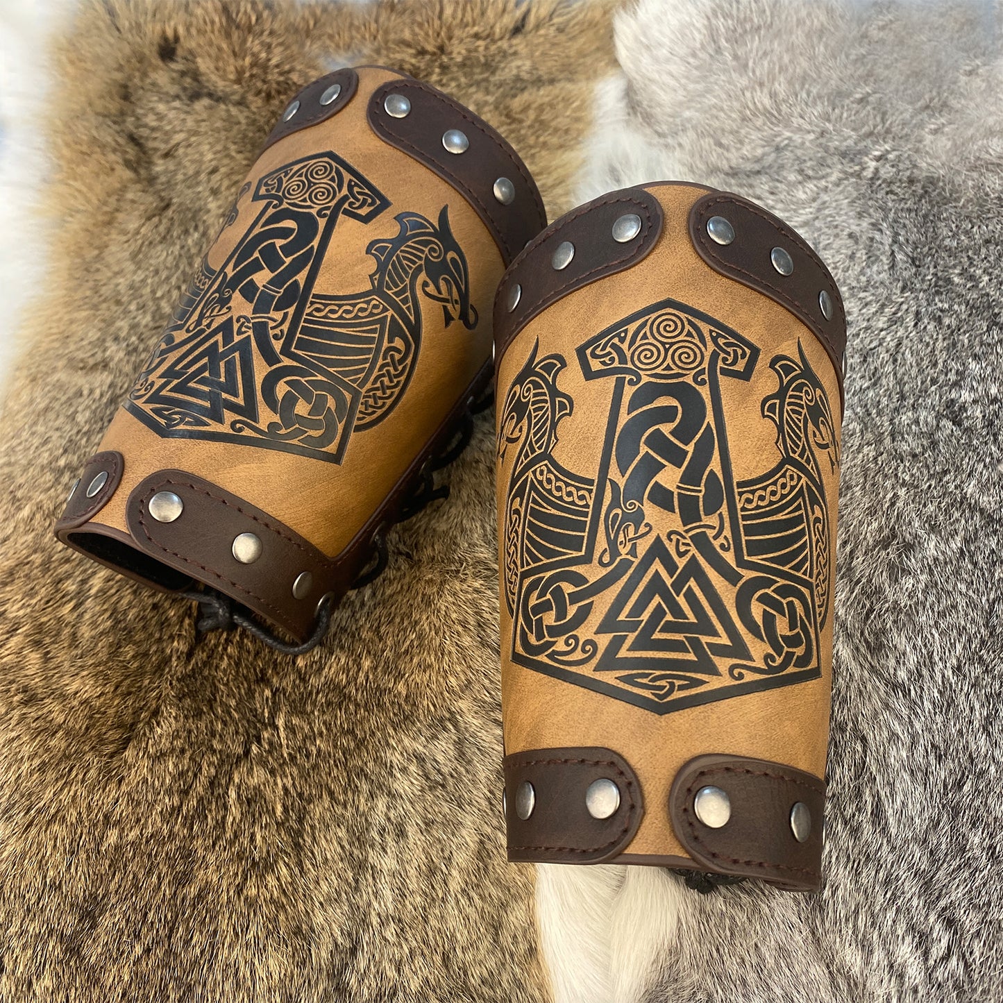 HiiFeuer Embossed Viking Symble Faux Leather Arm Armor, Viking Gauntlet Bracers, Knight Arm Guards for LARP Ren Faire