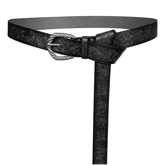 Medieval black embossed leather belt with ornate silver buckle, Viking cosplay accessory