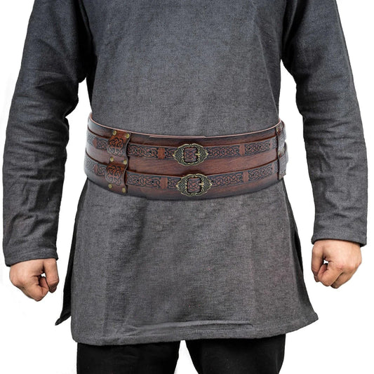 Medieval cosplay outfit with ornate double leather Viking belt and brass buckles