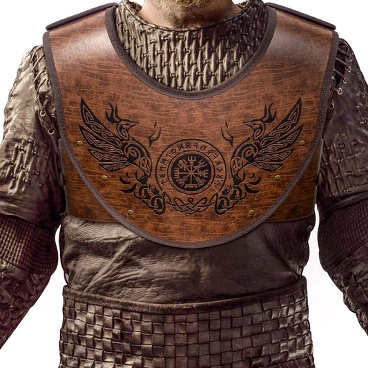 Viking cosplay chest armor with Norse symbols and knotwork, medieval costume accessory
