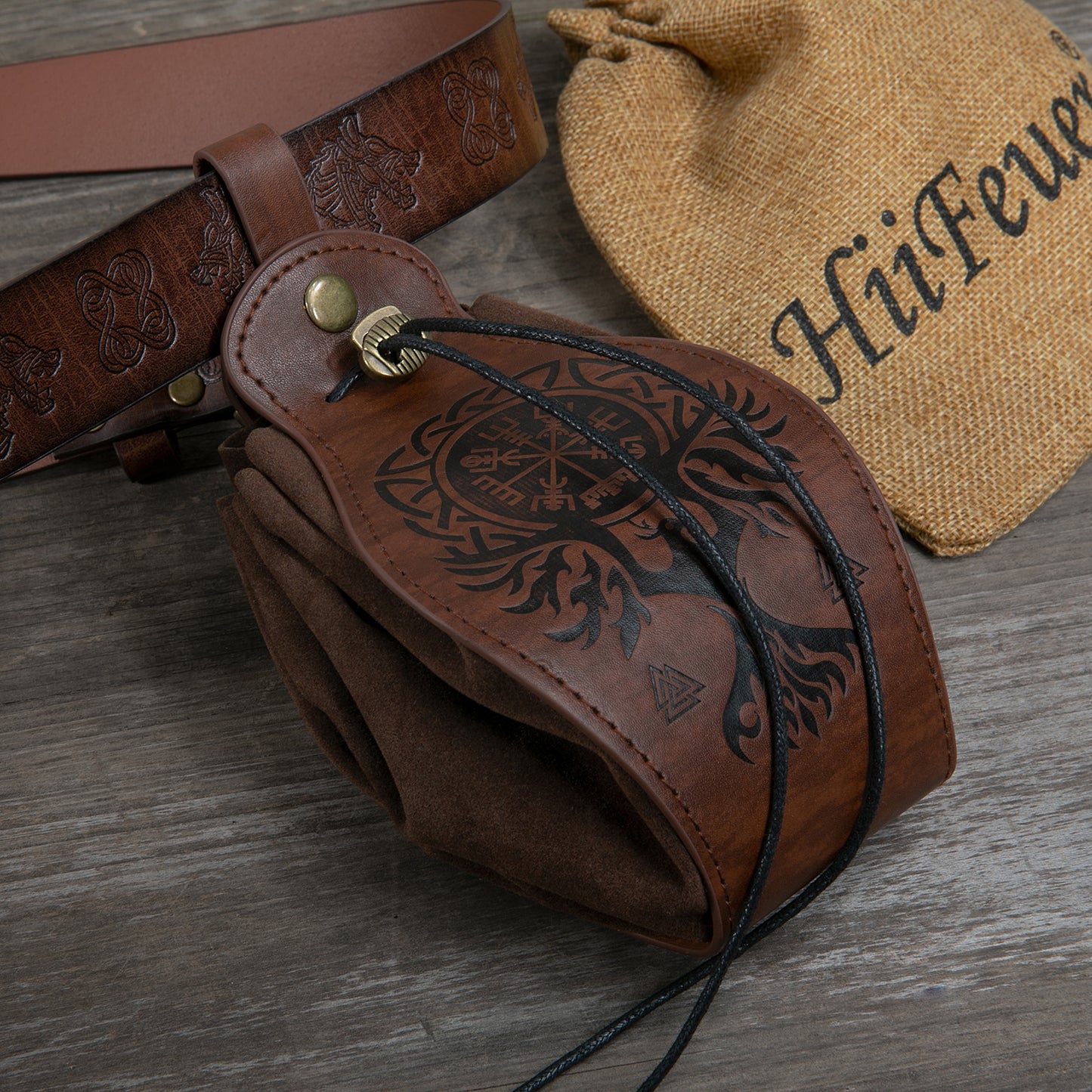 HiiFeuer Medieval Faux Leather Pouch, Portable Drawstring Purse, Vintage Belt Pouch Dice Bag For LARP Ren Faire