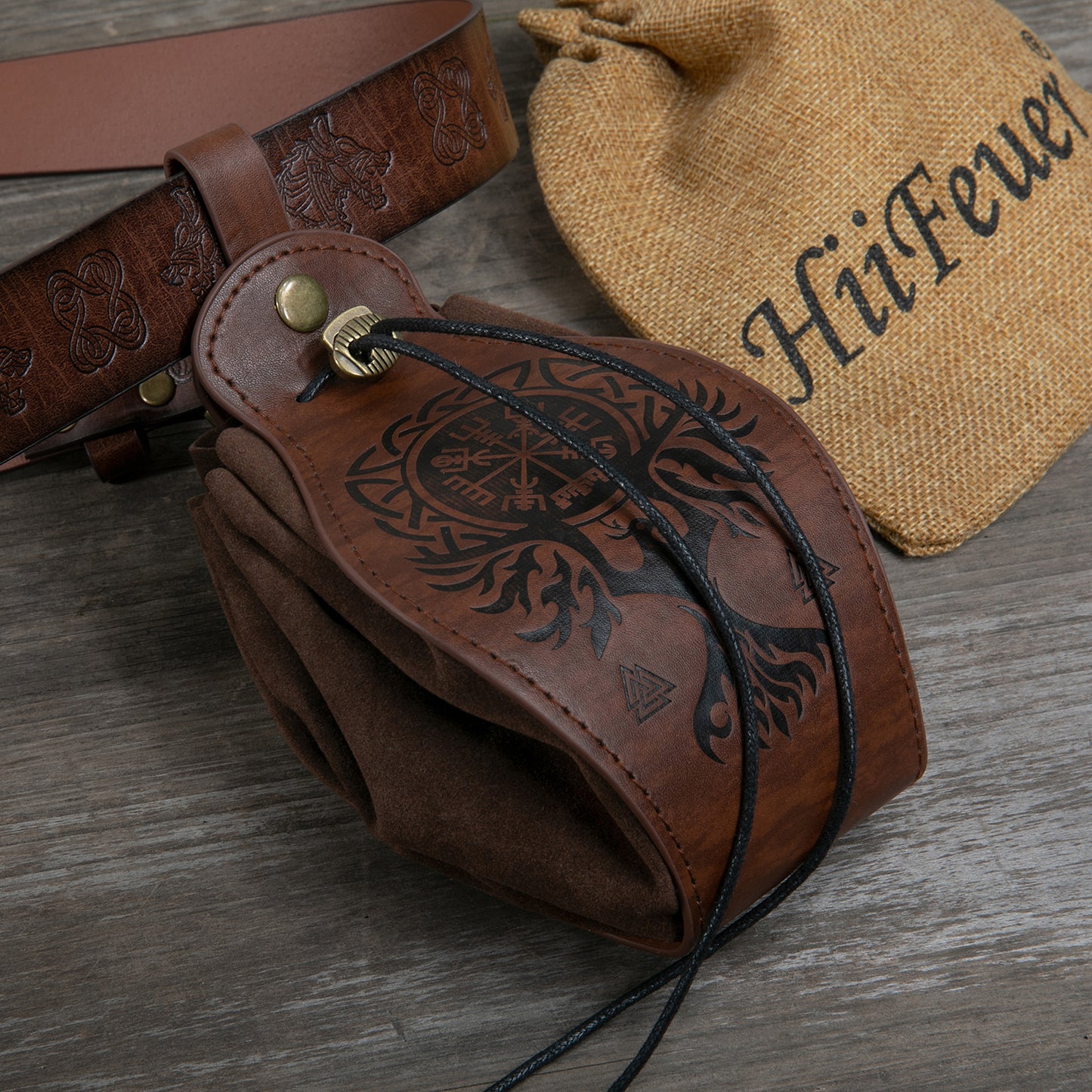 HiiFeuer Medieval Faux Leather Pouch, Portable Drawstring Purse, Vintage Belt Pouch Dice Bag For LARP Ren Faire