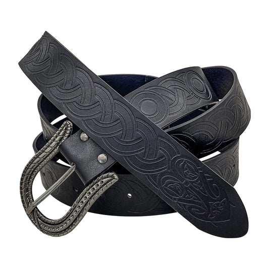 Black medieval-style leather belt with embossed Celtic knot pattern and ornate metal buckle