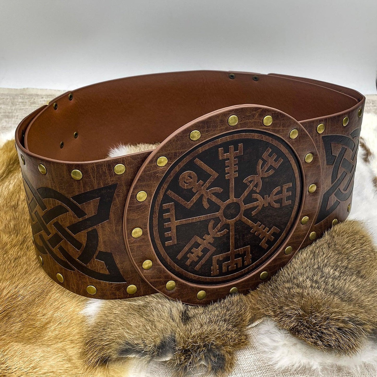 HiiFeuer Viking Embossed Wide Belt, Nordic Faux Leather Armor Belt Knight Corset Belt, LARP Halloween Costume