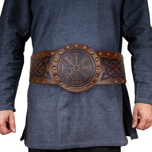 Medieval style leather belt with Norse runes and Celtic knot design, worn on tunic