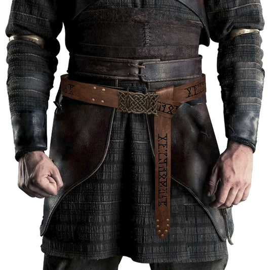 Medieval-style Viking cosplay belt with runic symbols and ornate buckle, worn over leather tunic.