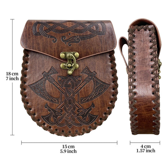 Brown leather Viking pouch with Norse knotwork and axe design, metal clasp, size 18x15x4 cm
