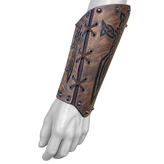Brown medieval Viking bracer with black knot designs and lace-up detail on mannequin arm