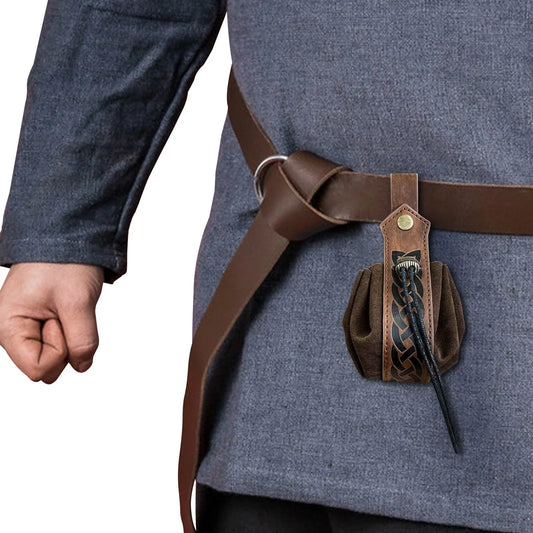 Medieval cosplay outfit with brown leather belt and Viking-style pouch attached