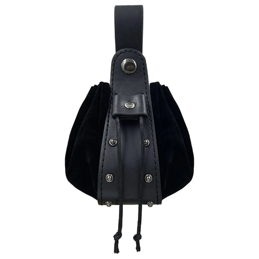 Medieval black leather pouch with drawstring and belt loop, cosplay accessory