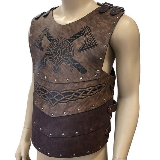 Viking-inspired brown faux leather chest armor with Norse designs, displayed on mannequin