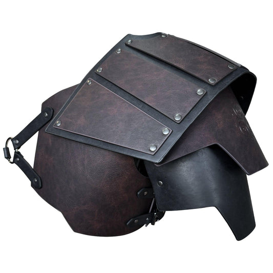 Medieval dark brown faux leather shoulder armor with metal rivets for cosplay or costume