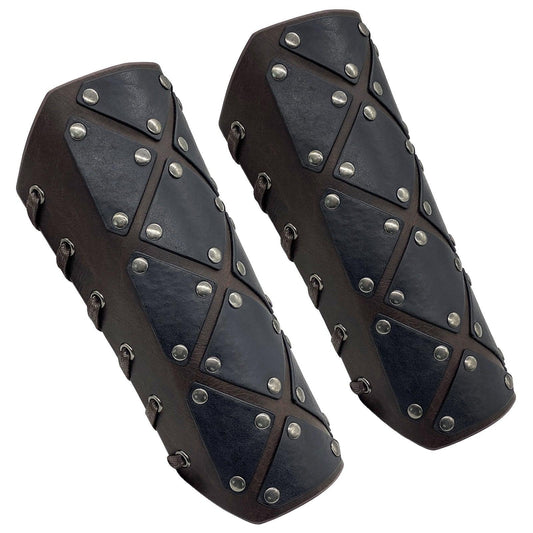 Pair of medieval style leather bracers with black panels and metal rivet detailing