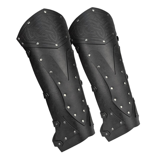 Pair of black medieval bracers with silver rivets and Celtic knot design, cosplay armor