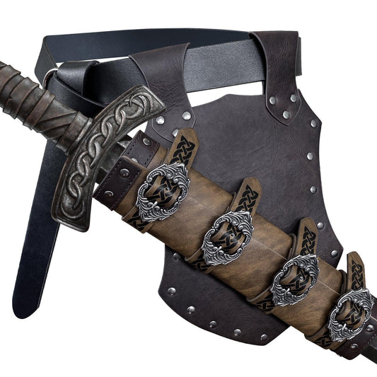 Medieval leather sword holder belt with ornate metal buckles, ideal for cosplay or reenactment.